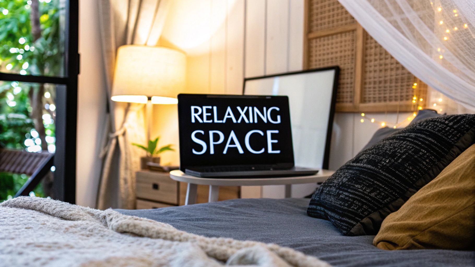 A person comfortably wearing Element Lux amber blue light blocking glasses while reading on a tablet in a cozy, dimly lit bedroom.