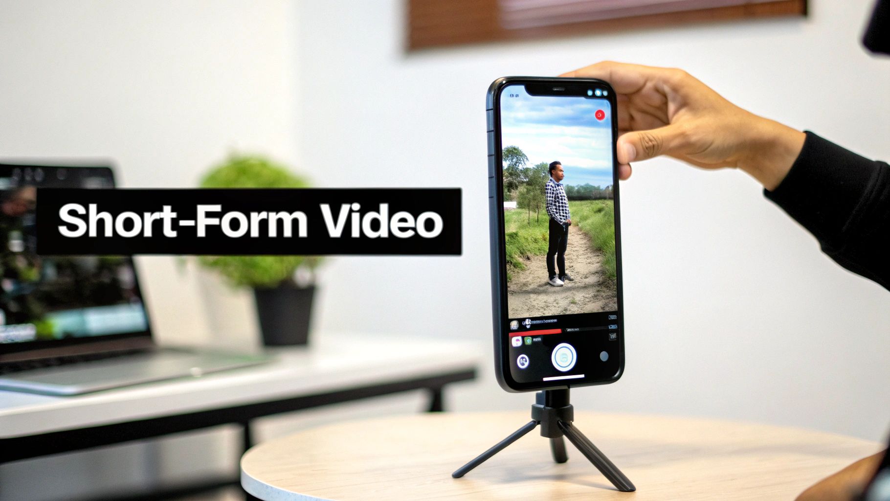 A person records a short-form video of a man in a field using a smartphone on a tripod.