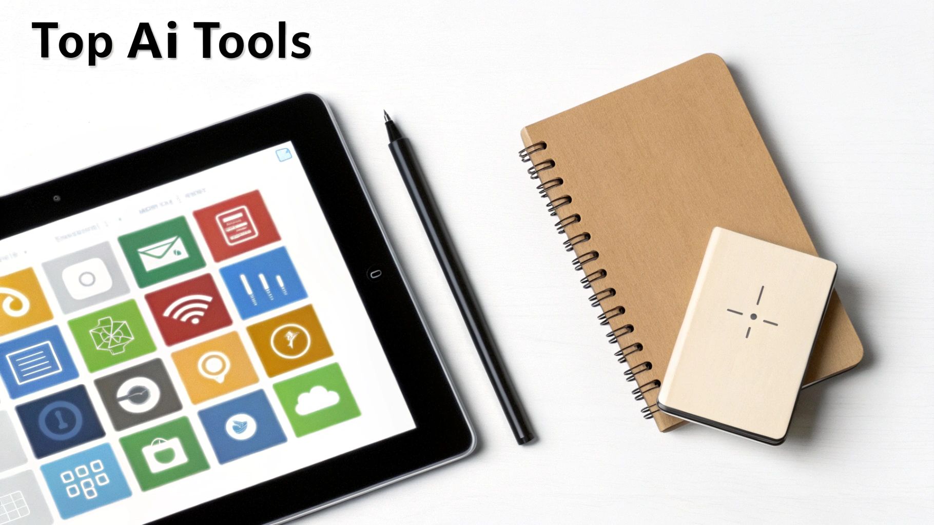 Tablet with colorful app icons, stylus, and notebooks on a white desk, featuring 'Top AI Tools' text.