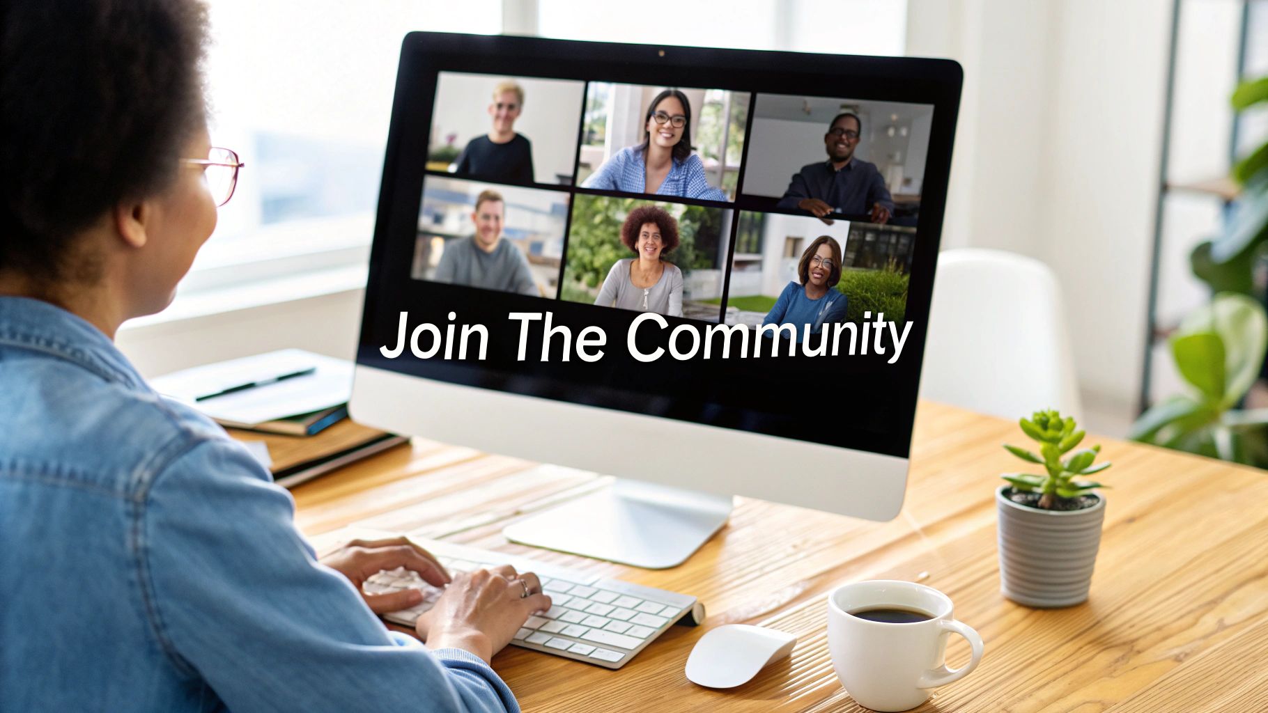 Person in a denim shirt on a video call, seeing multiple smiling faces and 'Join The Community' text.