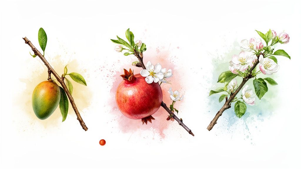 Trois illustrations botaniques à l'aquarelle de branches d'arbres fruitiers : mangue, grenade en fleur et fleur de pommier.