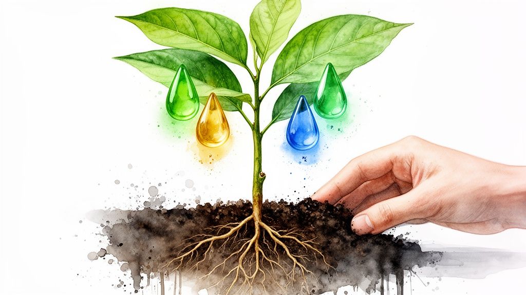 Une main prend soin d'une jeune plante avec des racines visibles dans le sol, entourée de gouttes de nutriments colorées.