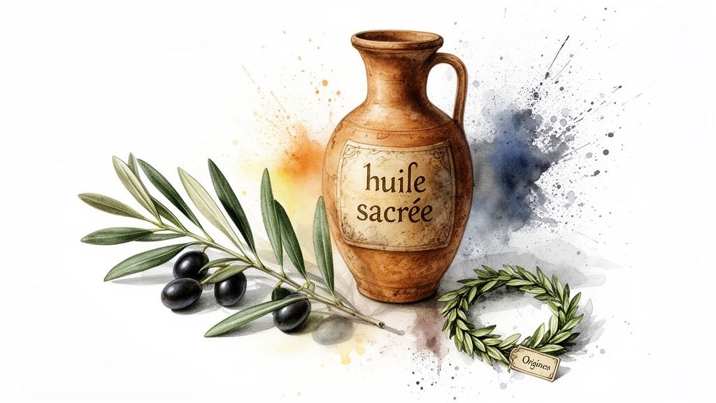 Une branche d'olivier avec des olives noires, une jarre ancienne 'huile sacrée' et une couronne d'olivier 'Origines'.