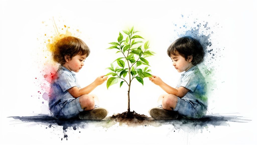 Illustration aquarelle d'enfants soignant un jeune arbre, symbolisant la croissance et la nature.