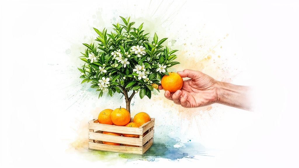 Un oranger en fleurs avec une caisse d'oranges et une main cueillant un fruit, style aquarelle.