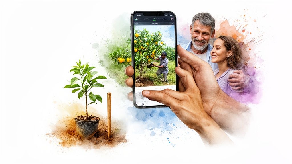 Une petite plante en pot, un smartphone affichant un arbre fruitier mature, et un couple souriant, symbolisant la croissance et la connexion.