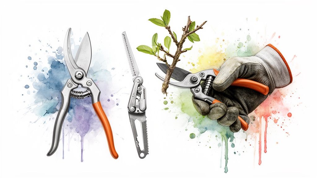 Deux outils de jardinage, des sécateurs et une scie pliante, avec une main coupant une branche d'arbre.