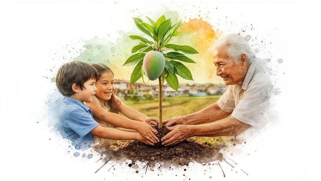 Un grand-père et deux enfants plantent un jeune mangier souriants, symbolisant la transmission et l'écologie.