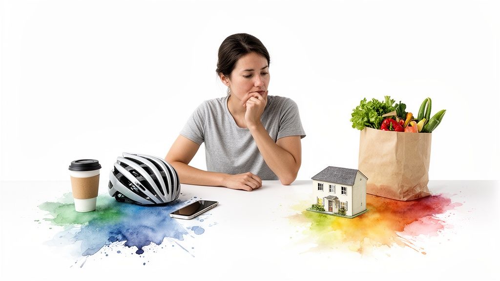 Femme réfléchissant devant des objets symbolisant des choix de vie : casque de vélo et café contre maison et légumes.