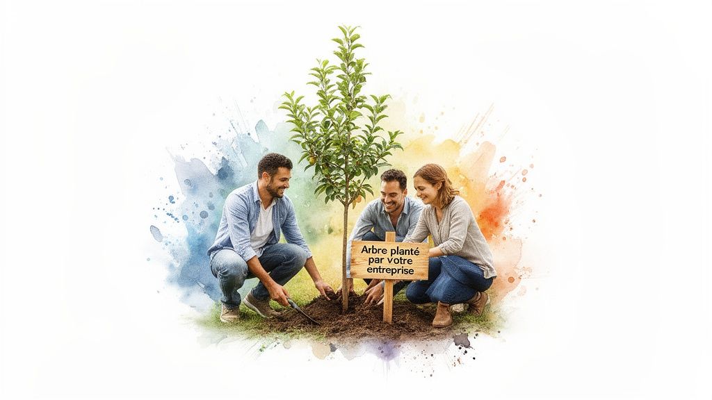 Trois personnes souriantes plantent un jeune arbre avec une pancarte "Arbre planté par votre entreprise", engagement écologique.