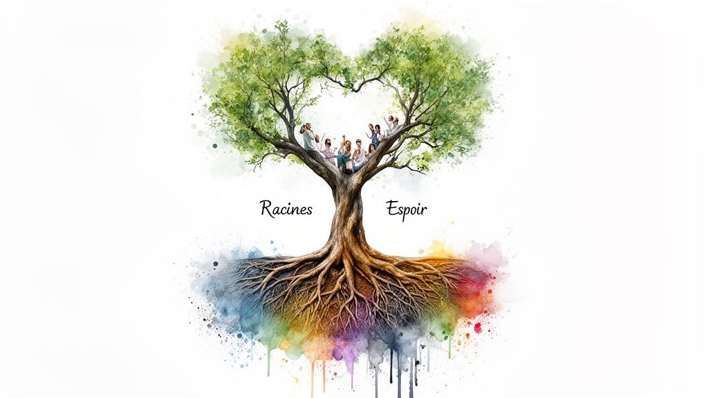 Un arbre en forme de cœur avec des personnes sur les branches, des racines colorées, et les mots « Racines » et « Espoir ».