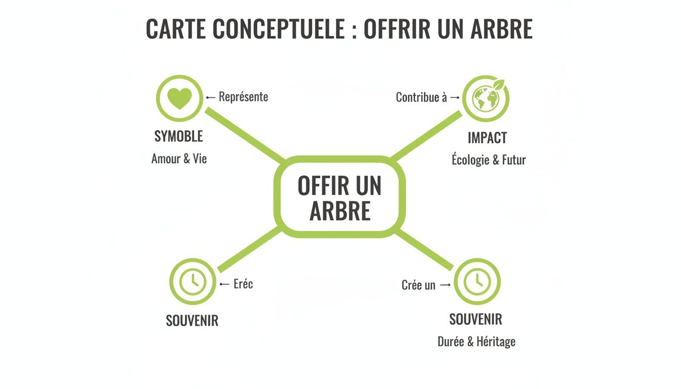 Carte conceptuelle présentant les multiples facettes d'offrir un arbre : symbole d'amour et de vie, impact écologique et futur, ainsi qu'un souvenir durable et éternel.