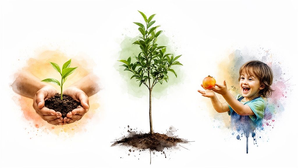 Une image montrant les étapes de la croissance d'un arbre : une pousse, un arbre mature et un enfant joyeux avec un fruit.