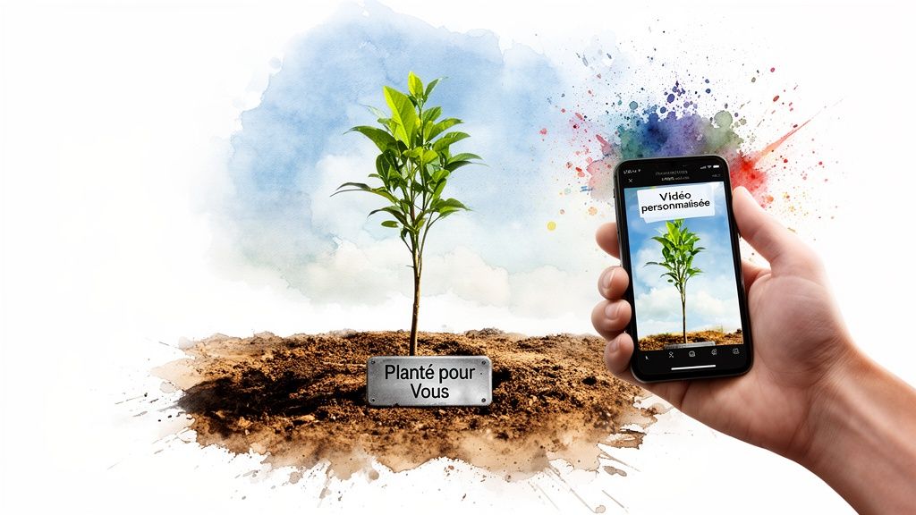 Une jeune pousse plantée dans la terre avec une plaque "Planté pour Vous", et un smartphone affichant une vidéo personnalisée de l'arbre.