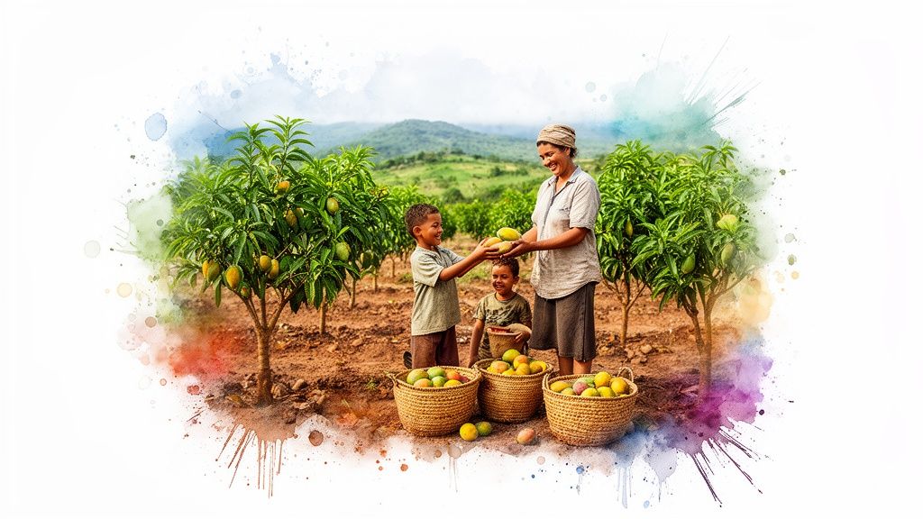 Une famille joyeuse récolte des mangues dans un verger, avec des paniers remplis de fruits juteux.