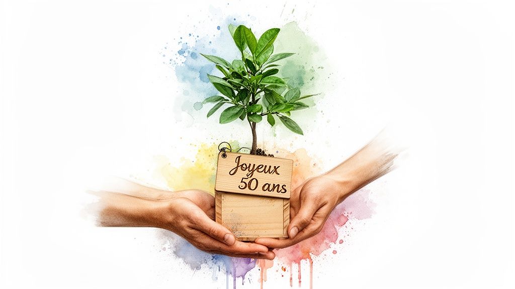 Deux mains tiennent un pot avec une jeune plante verte et une étiquette en bois 'Joyeux 50 ans', sur fond aquarelle coloré.