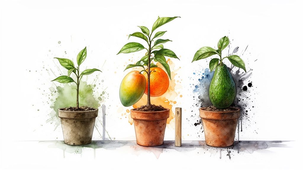 Trois jeunes arbres en pot, l'un en pousse, l'autre avec une mangue et une orange, et le dernier avec un avocat, dans un style aquarelle.