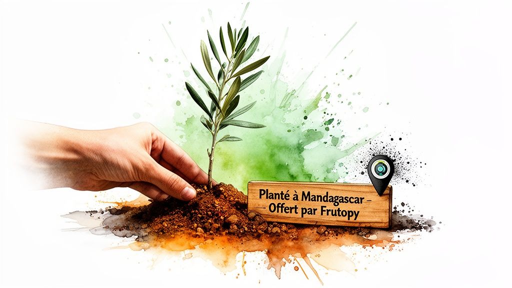 Une main plante un jeune arbre, symbolisant un olivier, avec une pancarte 'Planté à Madagascar - Offert par Frutopy'.