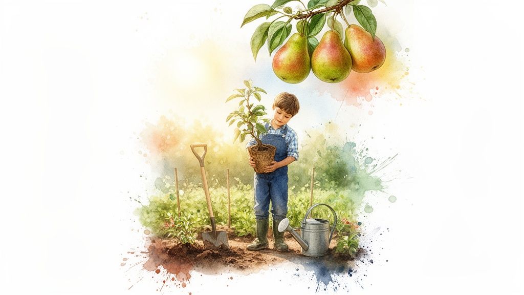 Un enfant souriant plante un jeune poirier dans un jardin ensoleillé, avec des poires mûres suspendues au-dessus.