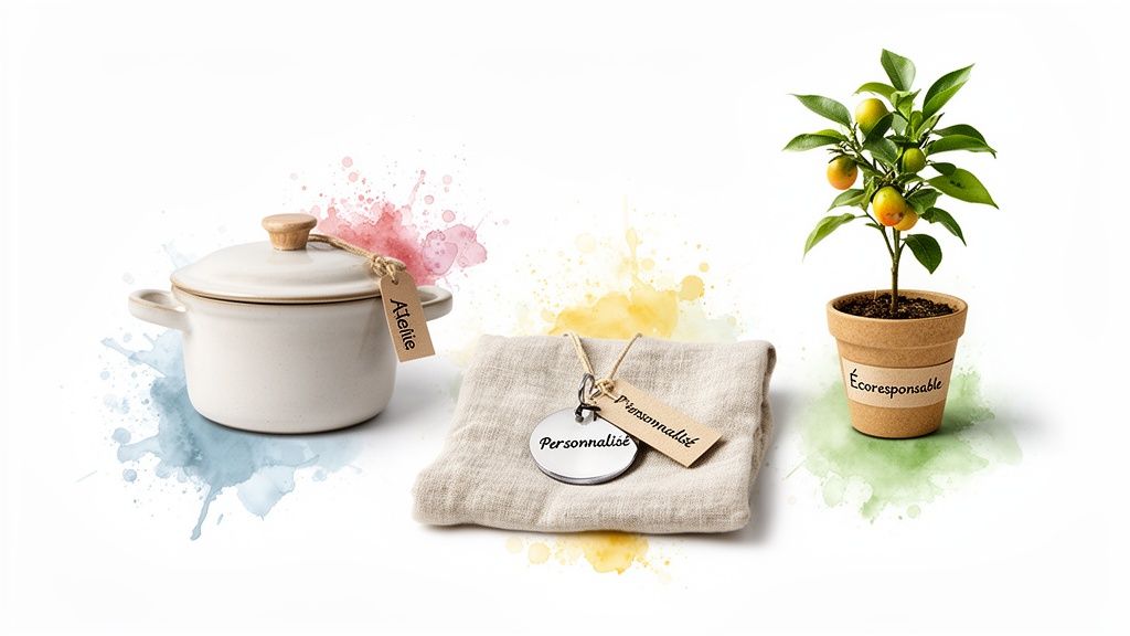 Une cocotte avec étiquette "Atelier", un tissu avec tag "Personnalisé" et une plante en pot "Écoresponsable", symbolisant des cadeaux originaux et thématiques.
