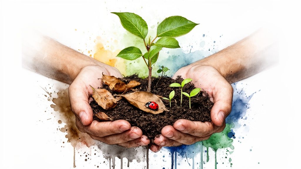 Deux mains tiennent un mélange de terre, de plantes vertes, de jeunes pousses, de feuilles mortes et d'une coccinelle, avec des éclaboussures d'aquarelle.