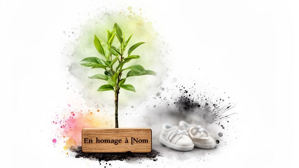 Une jeune plante pousse d'un bloc en bois avec l'inscription 'En hommage à [Nom]', entourée d'aquarelle et de chaussons de bébé.