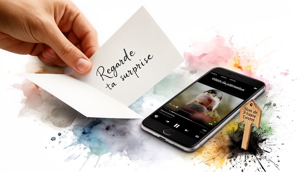 Une main tient une carte avec l'inscription "Regarde ta surprise" à côté d'un smartphone diffusant une vidéo. Un panneau en bois indique "Nom de l'être L'année", sur un fond aquarelle coloré.