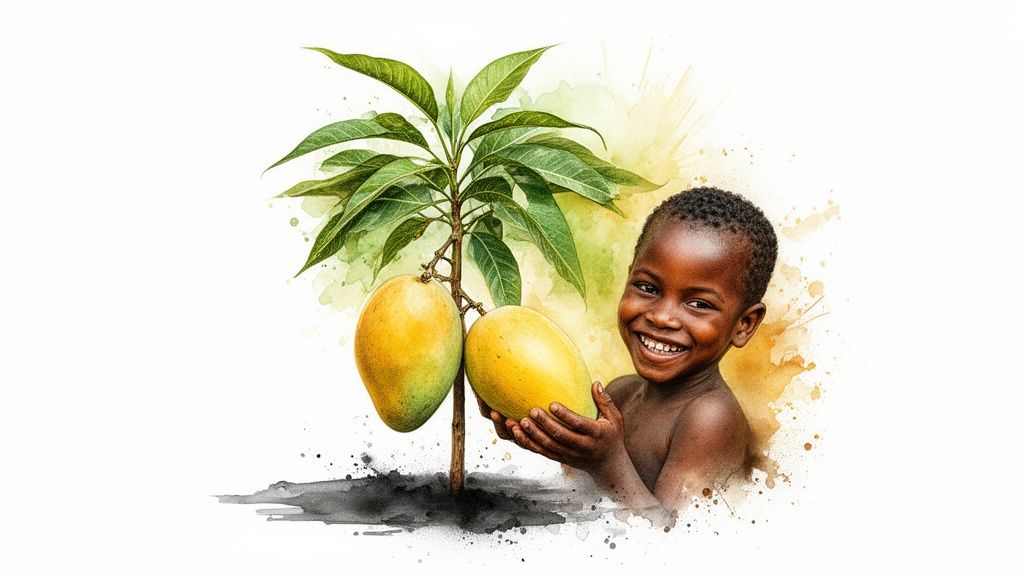 Un jeune garçon africain souriant tient des mangues près d'un manguier, style aquarelle.