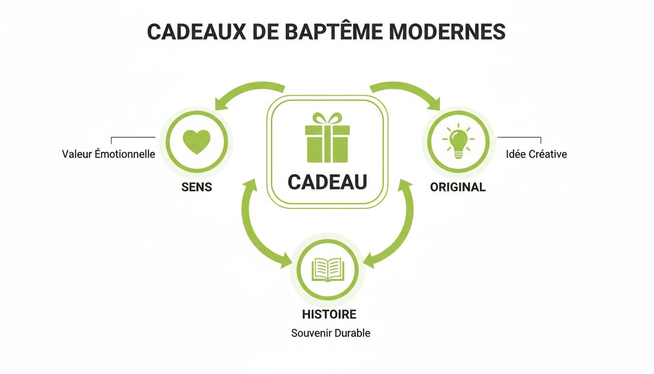Un diagramme illustrant les qualités d'un cadeau de baptême moderne : sens (valeur émotionnelle), originalité (idée créative) et histoire (souvenir durable).