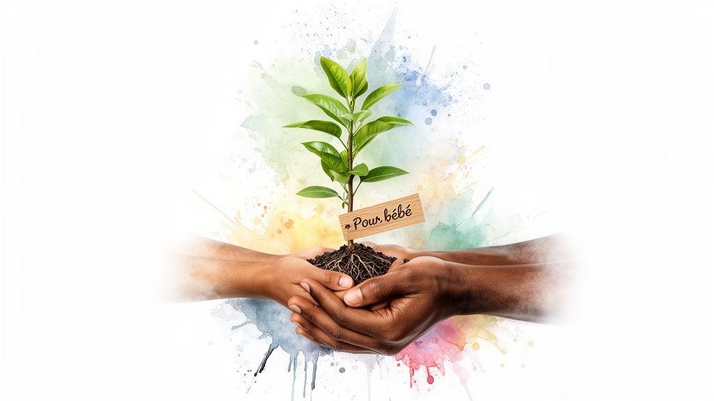 Deux paires de mains tiennent une jeune pousse avec un panneau "Pour bébé", symbolisant la croissance et l'espoir.
