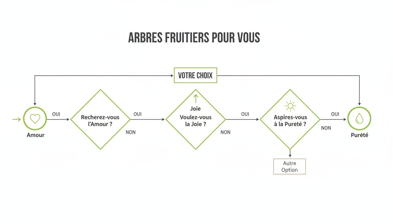 Organigramme interactif pour choisir des arbres fruitiers basé sur l'amour, la joie et la pureté.