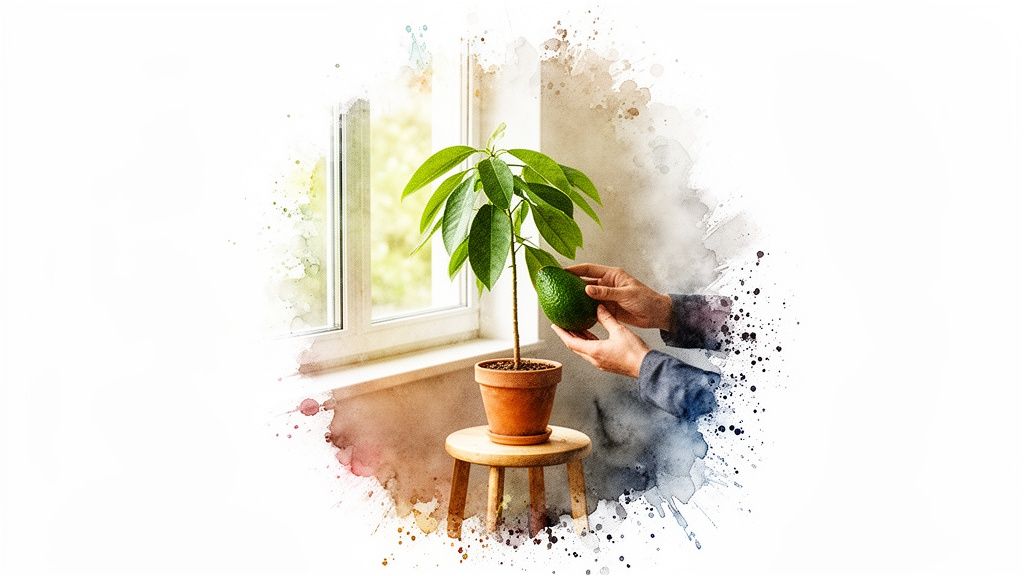 Une personne tient un avocat près d'un jeune avocatier en pot, près d'une fenêtre ensoleillée. Effet aquarelle.