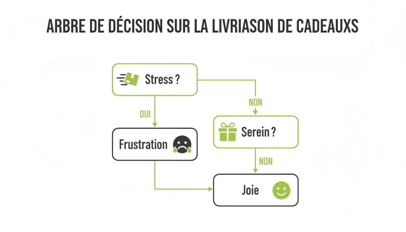 Diagramme d'arbre de décision montrant les étapes émotionnelles liées à la livraison de cadeaux, du stress à la joie.