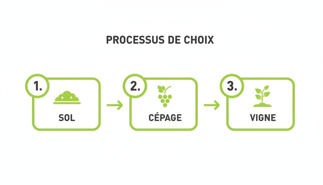 Schéma didactique montrant le processus de choix en viticulture, incluant le sol, le cépage et la vigne.
