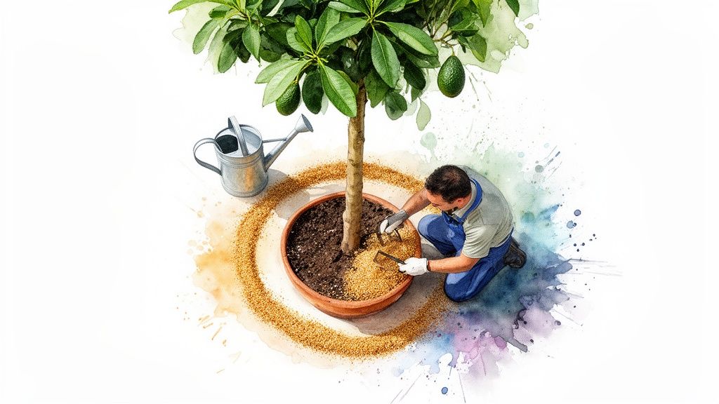 Un homme fertilise un avocatier en pot avec des granulés, un arrosoir à côté, style aquarelle.