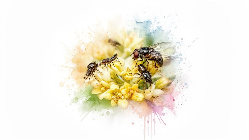 Plusieurs insectes, dont une mouche et de petites mouches, se posent sur des fleurs jaunes avec un effet aquarelle.