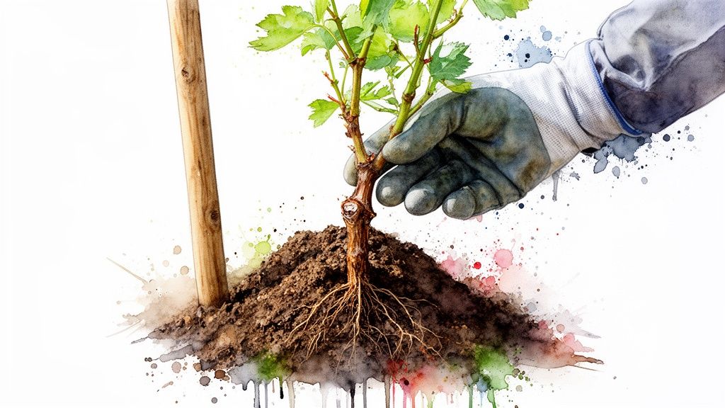 Une main gantée plante un jeune arbre avec ses racines dans la terre, à côté d'un piquet en bois, style aquarelle.