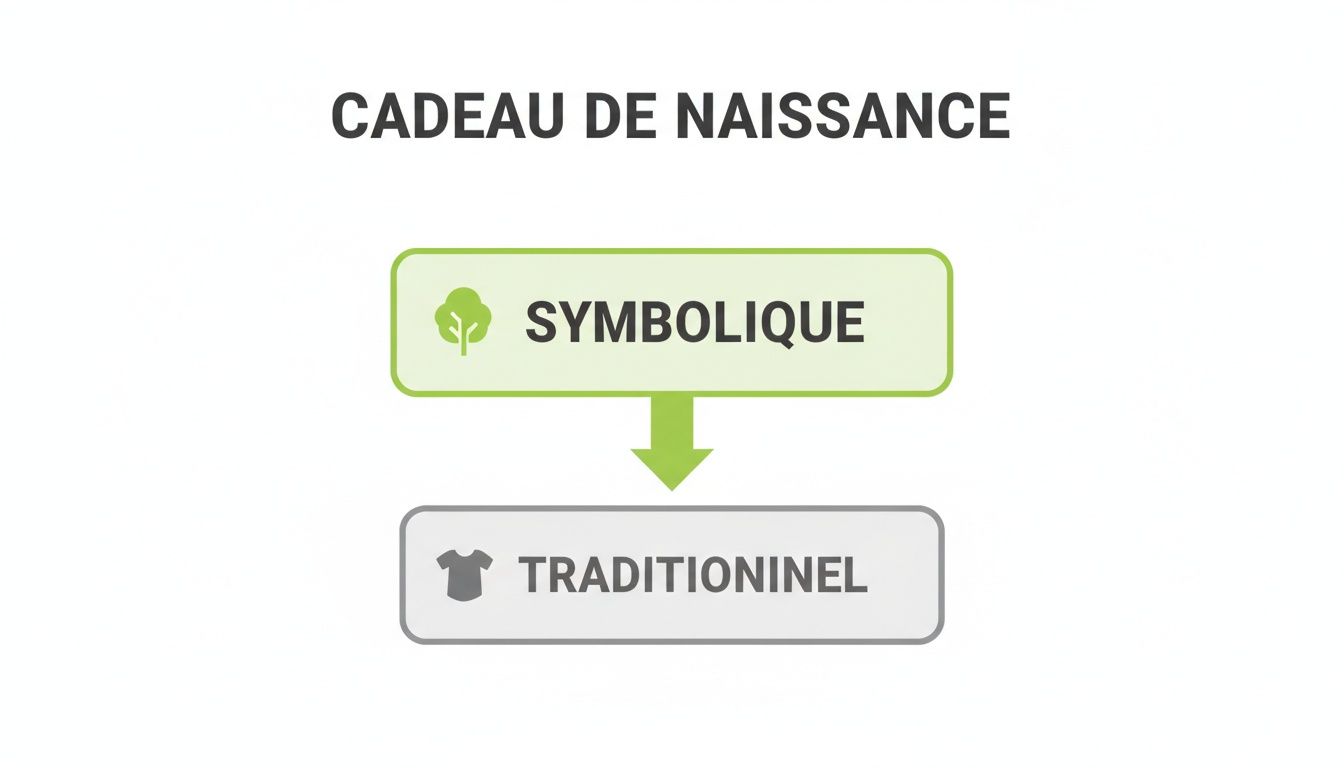 Diagramme montrant les options de cadeaux de naissance: symbolique (illustré par un arbre) et traditionnel (avec un t-shirt).