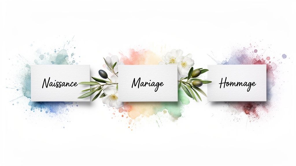 Trois cartes avec les mots Naissance, Mariage et Hommage, entourées d'aquarelle et de branches d'olivier.