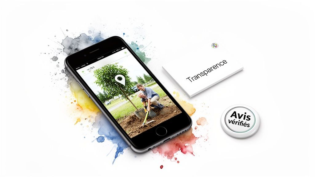 Un smartphone affiche une personne plantant un arbre, avec les mots Transparence et Avis vérifiés.