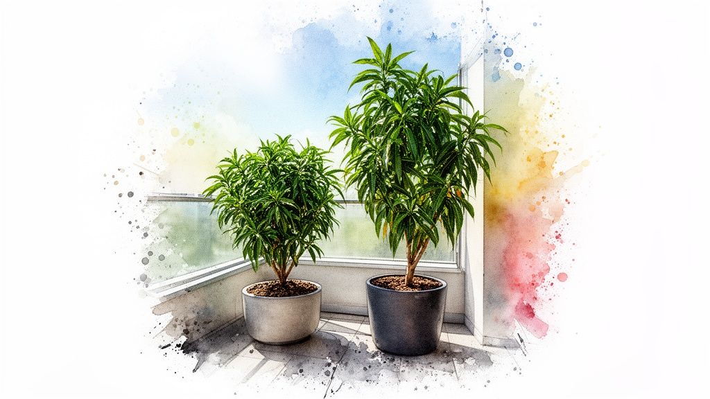 Deux plantes vertes en pot, rappelant des manguiers, sur un balcon ensoleillé avec un effet aquarelle.