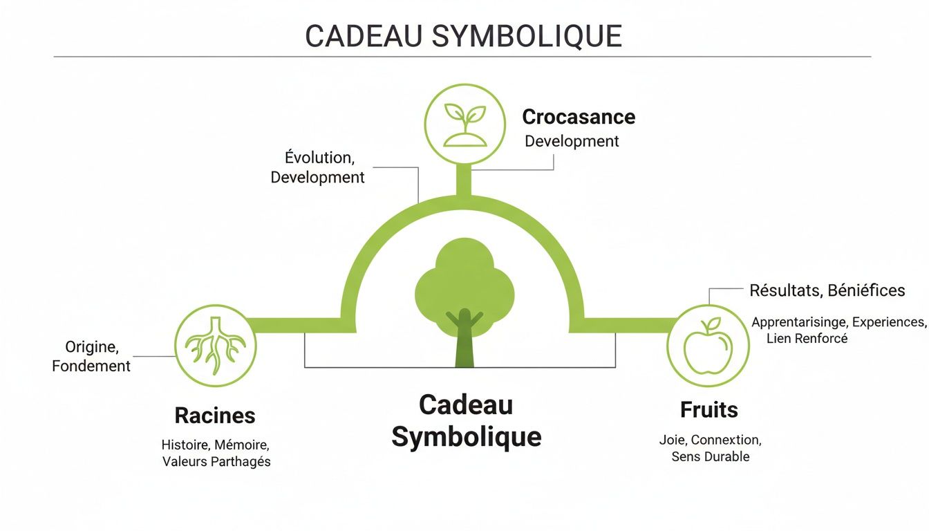 Diagramme illustrant le concept d'un cadeau symbolique, explorant ses racines, son développement et ses fruits.
