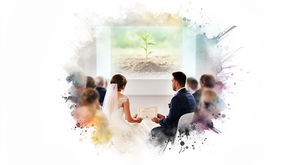 Jeunes mariés tenant un certificat, observant une pousse d'arbre sur un écran de projection, symbolisant la croissance.