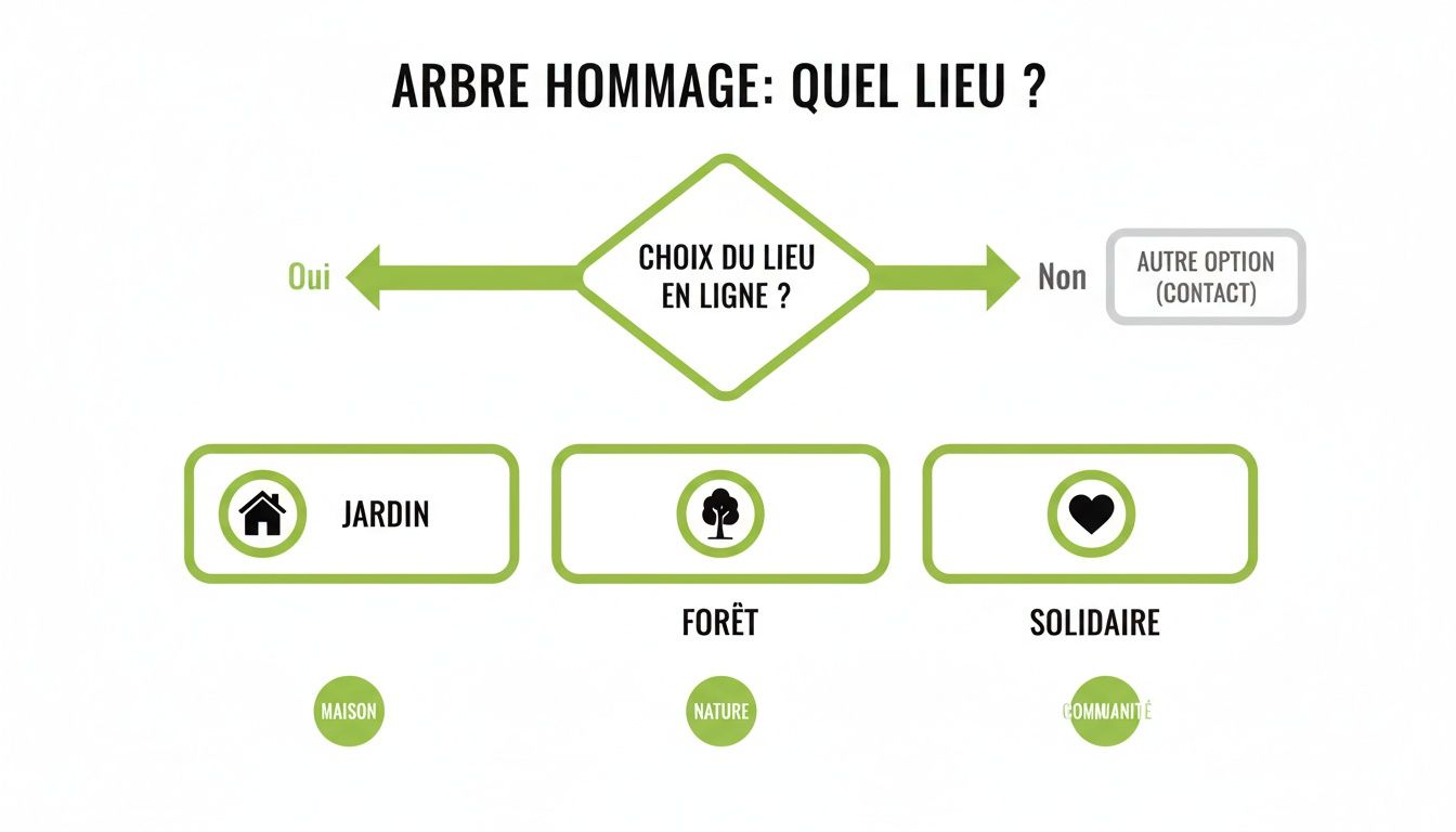 Diagramme interactif pour choisir le lieu idéal où planter un arbre hommage pour un défunt : jardin, forêt ou solidaire.