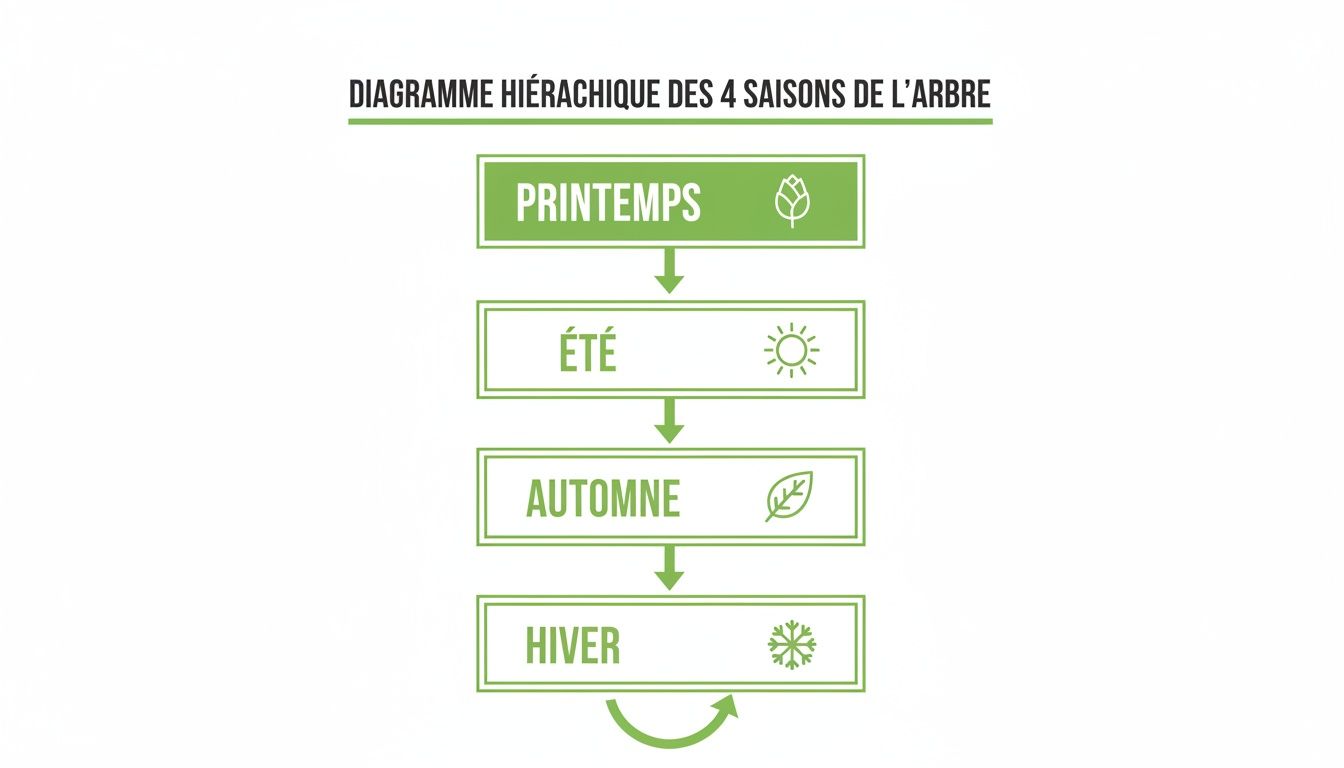 Diagramme hiérarchique illustrant les quatre saisons de l'arbre: printemps, été, automne, hiver, et leur cycle annuel.