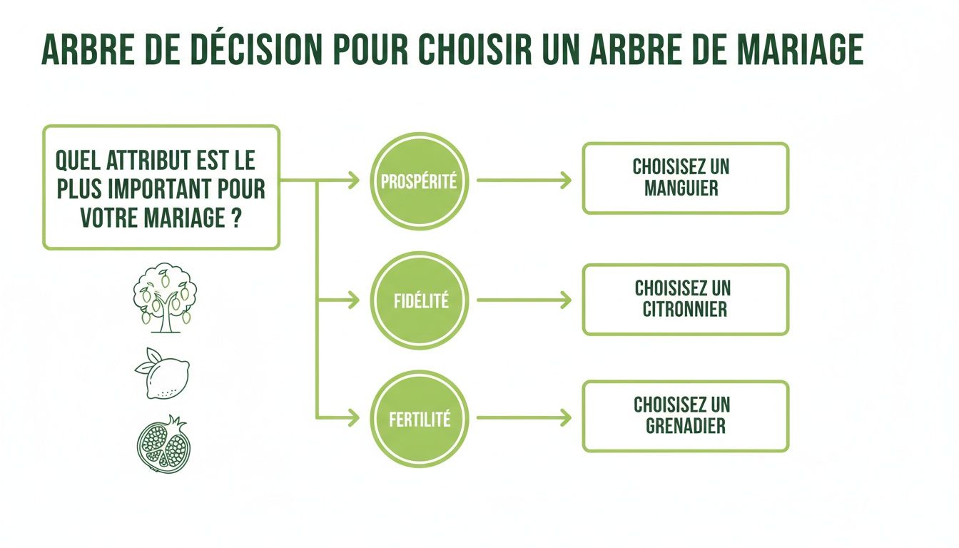 Arbre de décision pour choisir un arbre de mariage selon l'attribut le plus important : prospérité, fidélité ou fertilité.