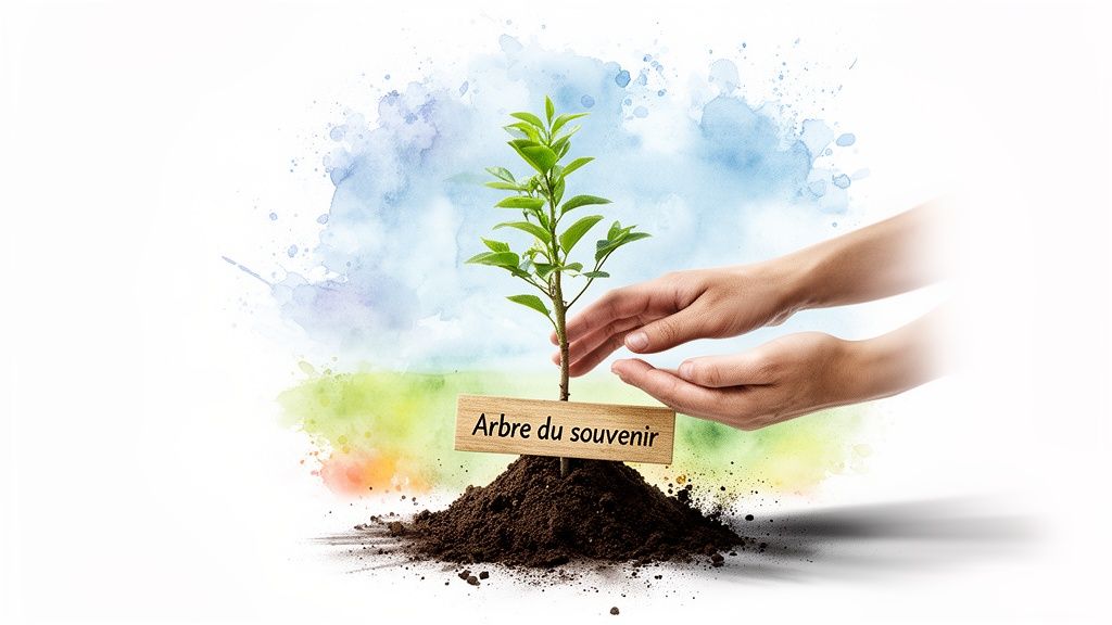 Deux mains plantent un jeune arbre dans la terre, avec une pancarte "Arbre du souvenir" et un fond aquarelle.