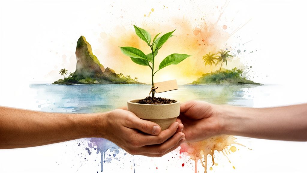 Deux mains tiennent une jeune pousse dans un pot avec une étiquette, sur fond d'îles tropicales aquarellées, symbolisant la croissance et l'environnement.