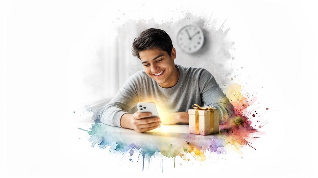 Jeune homme souriant regardant son téléphone avec un effet lumineux et un cadeau, entouré d'éclaboussures d'aquarelle.