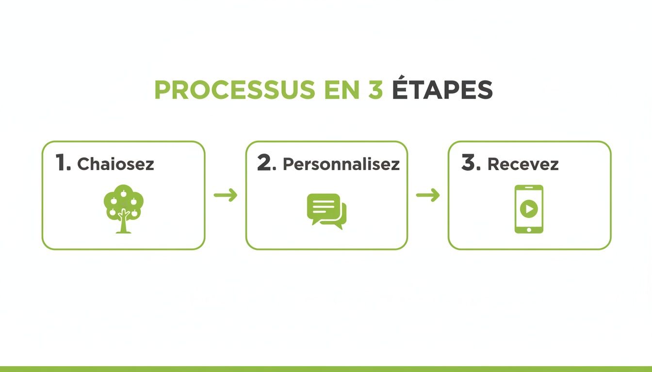 Infographie illustrant un processus en 3 étapes : choisir, personnaliser et recevoir, chacune représentée par une icône.